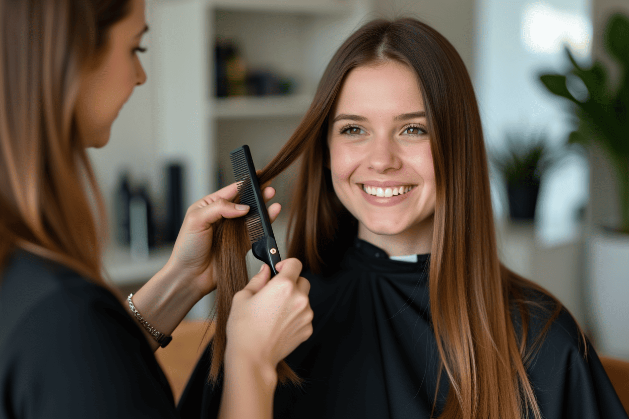 mujer contenta de realizar un corte de cabello en Inés salón 